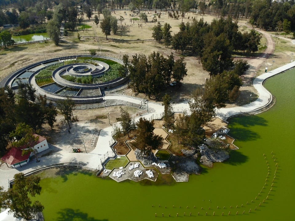 Vista aerea de la playa de aves, donde la costa tiene un diseño con hexagonos, atras de ellos hay en forma de caracol diferentes estanques y vegetación
                        